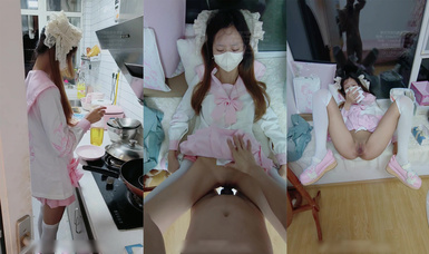 淫慾反差美少女【軟軟兔Lt774523412】粉粉小廚娘做飯時被爸爸抱腰後入，小白襪瑪麗珍鞋 超可愛的LO裙小女僕，又是被主人中出的一天